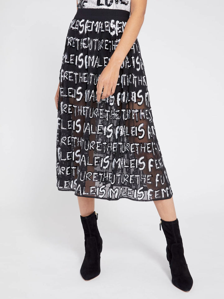 Alice + Olivia  - Levon Sequin Feminist Midi Skirt w Biker Shorts in Black/White