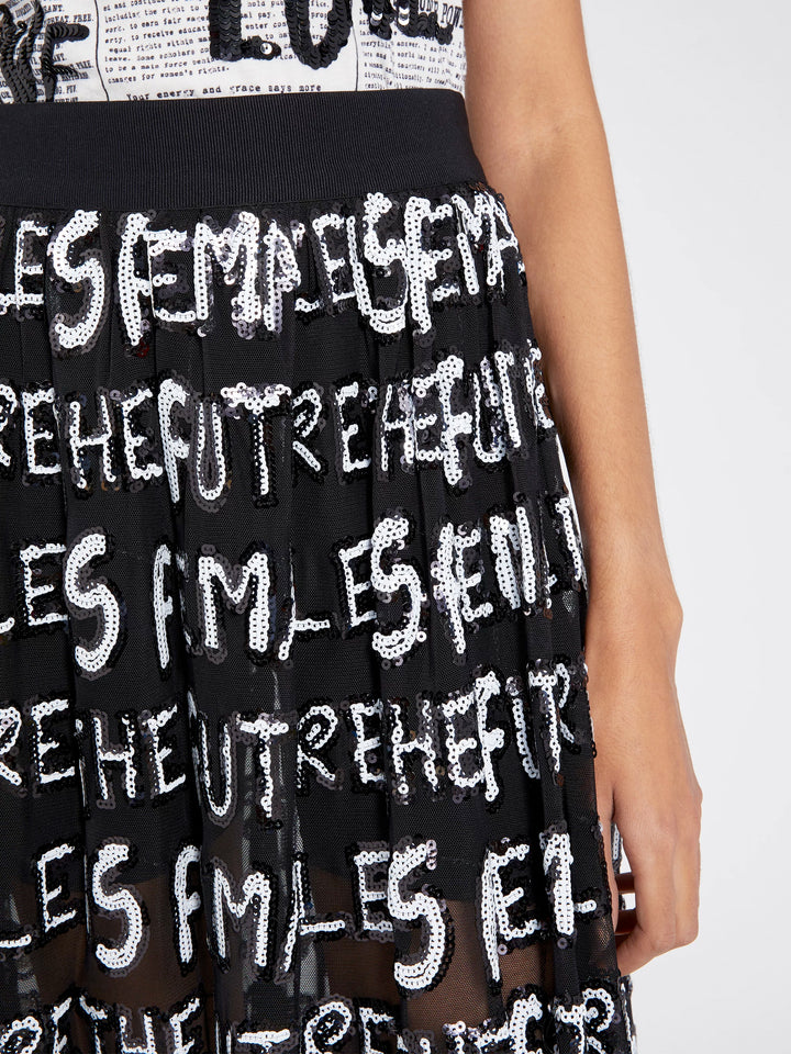 Alice + Olivia  - Levon Sequin Feminist Midi Skirt w Biker Shorts in Black/White