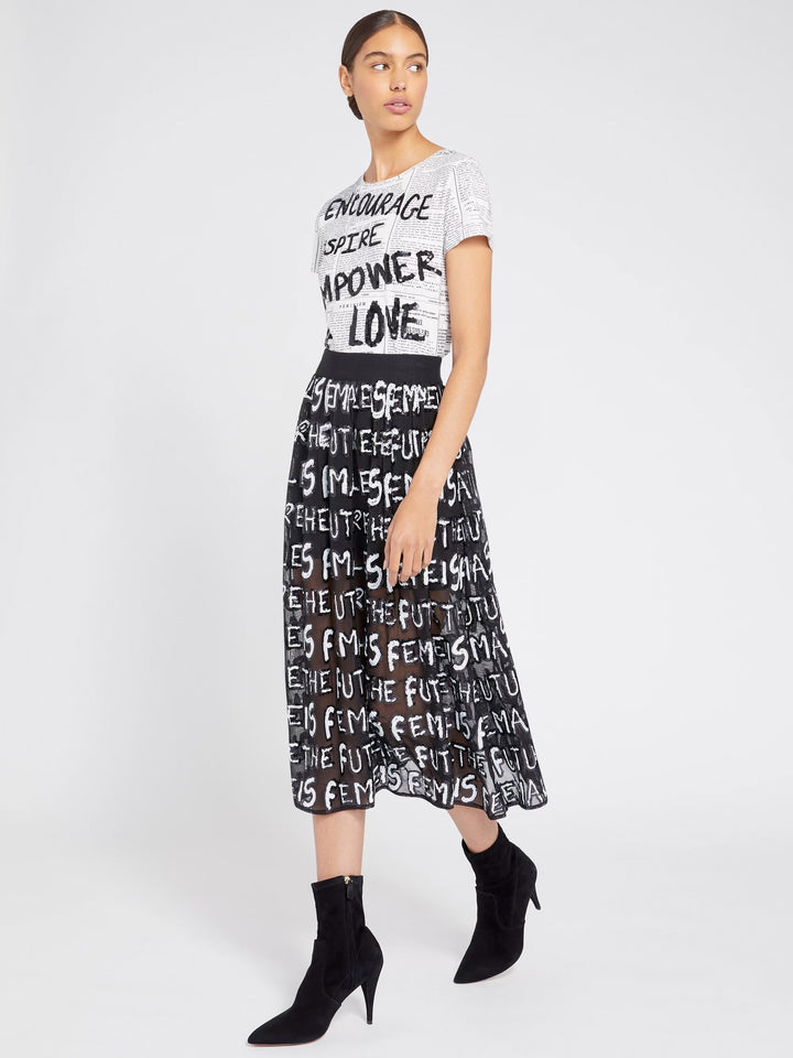 Alice + Olivia  - Levon Sequin Feminist Midi Skirt w Biker Shorts in Black/White