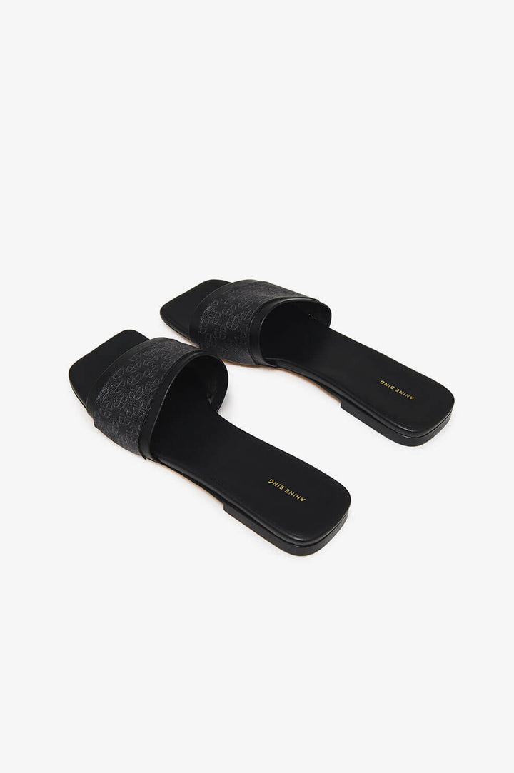 Anine Bing - Ria Slides in Black Monogram Print