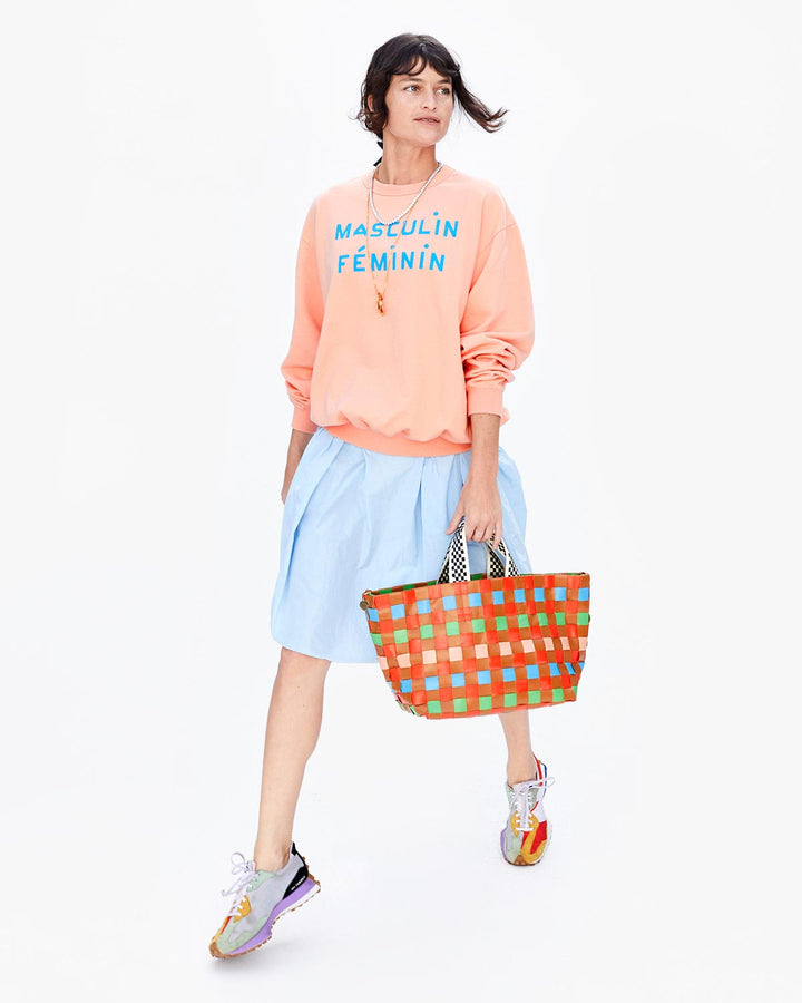 Clare V. - Bateau Tote in Natural and Blood Orange with Multi Oversized Woven Checker
