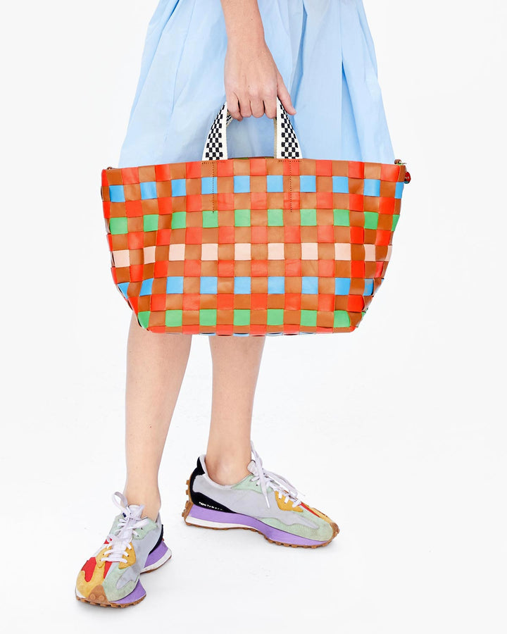 Clare V. - Bateau Tote in Natural and Blood Orange with Multi Oversized Woven Checker