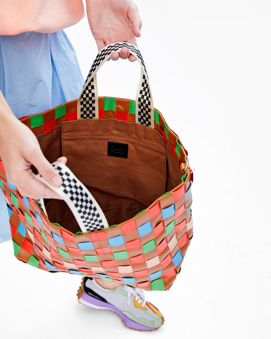 Clare V. - Bateau Tote in Natural and Blood Orange with Multi Oversized Woven Checker