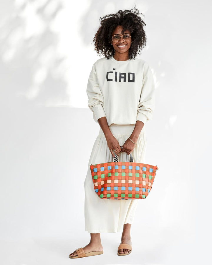 Clare V. - Bateau Tote in Natural and Blood Orange with Multi Oversized Woven Checker