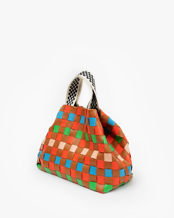 Clare V. - Bateau Tote in Natural and Blood Orange with Multi Oversized Woven Checker