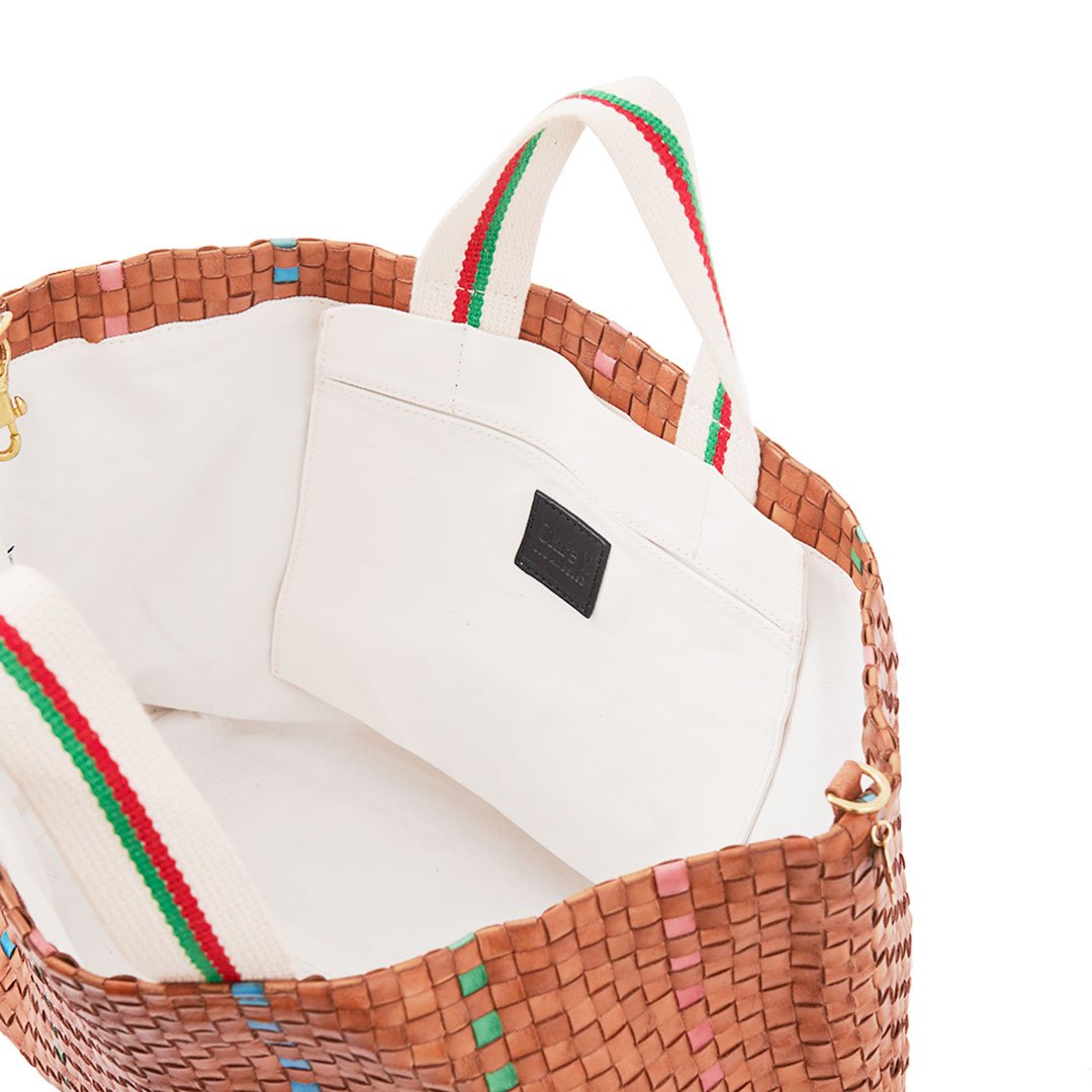 Clare V. - Bateau Tote in Natural w/ Parrot Green, Pale Pink & Cerulean Woven Striped Checker