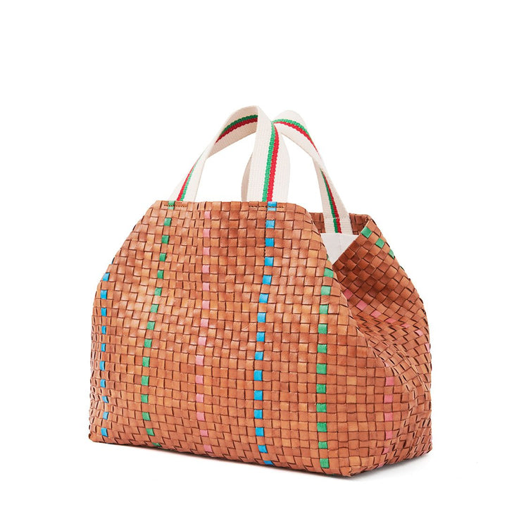 Clare V. - Bateau Tote in Natural w/ Parrot Green, Pale Pink & Cerulean Woven Striped Checker