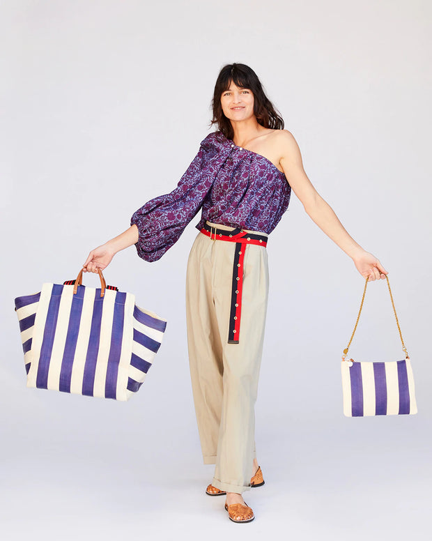 Clare V. - Beach Tote with Flat Clutch in Navy & Cream Striped Mesh