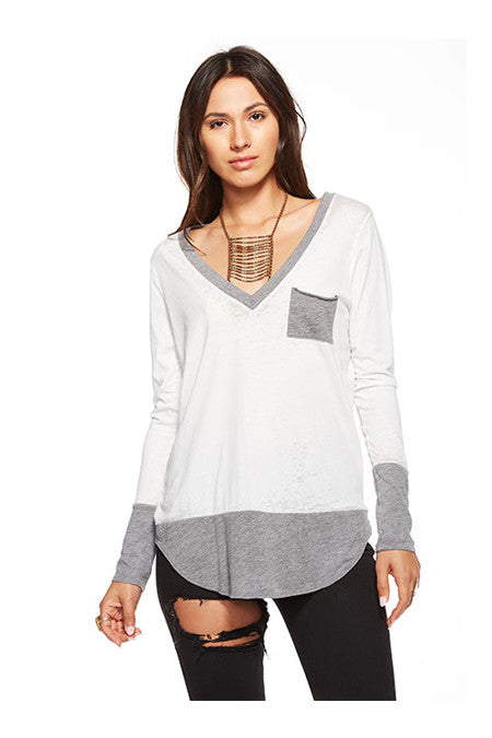 Chaser Chaser - Blocked Jersey Long Sleeve Deep V Pocket Tee White at Blond Genius - 1
