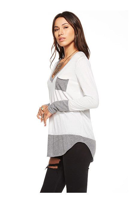 Chaser Chaser - Blocked Jersey Long Sleeve Deep V Pocket Tee White at Blond Genius - 2
