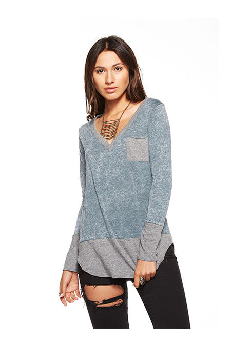 Chaser Chaser- Blocked Jersey Long Sleeve Deep V Pocket Tee Yosemite at Blond Genius - 1