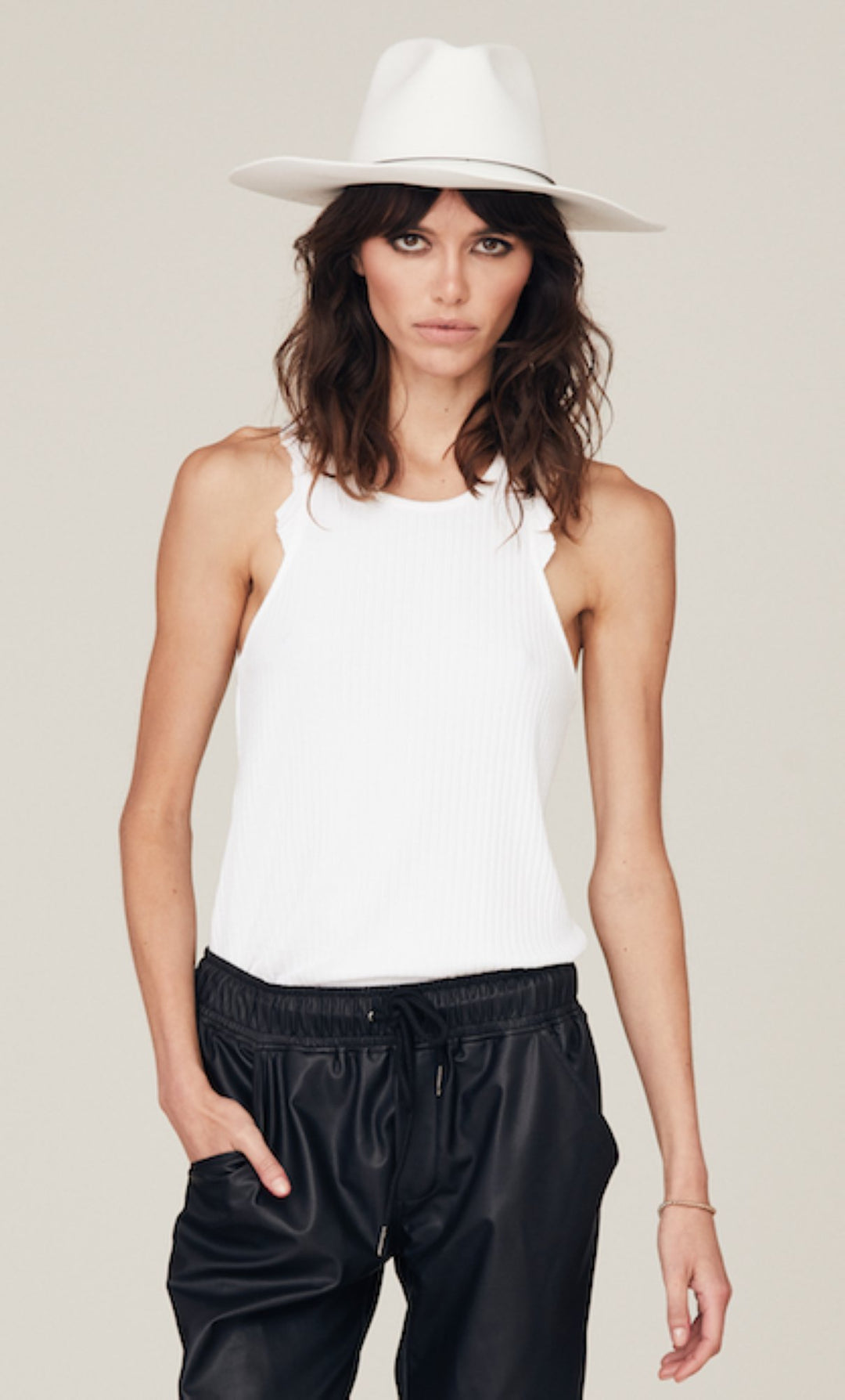David Lerner - Bridgettte Ruffle Tank, Shown in White, Comes In Speckled Fawn