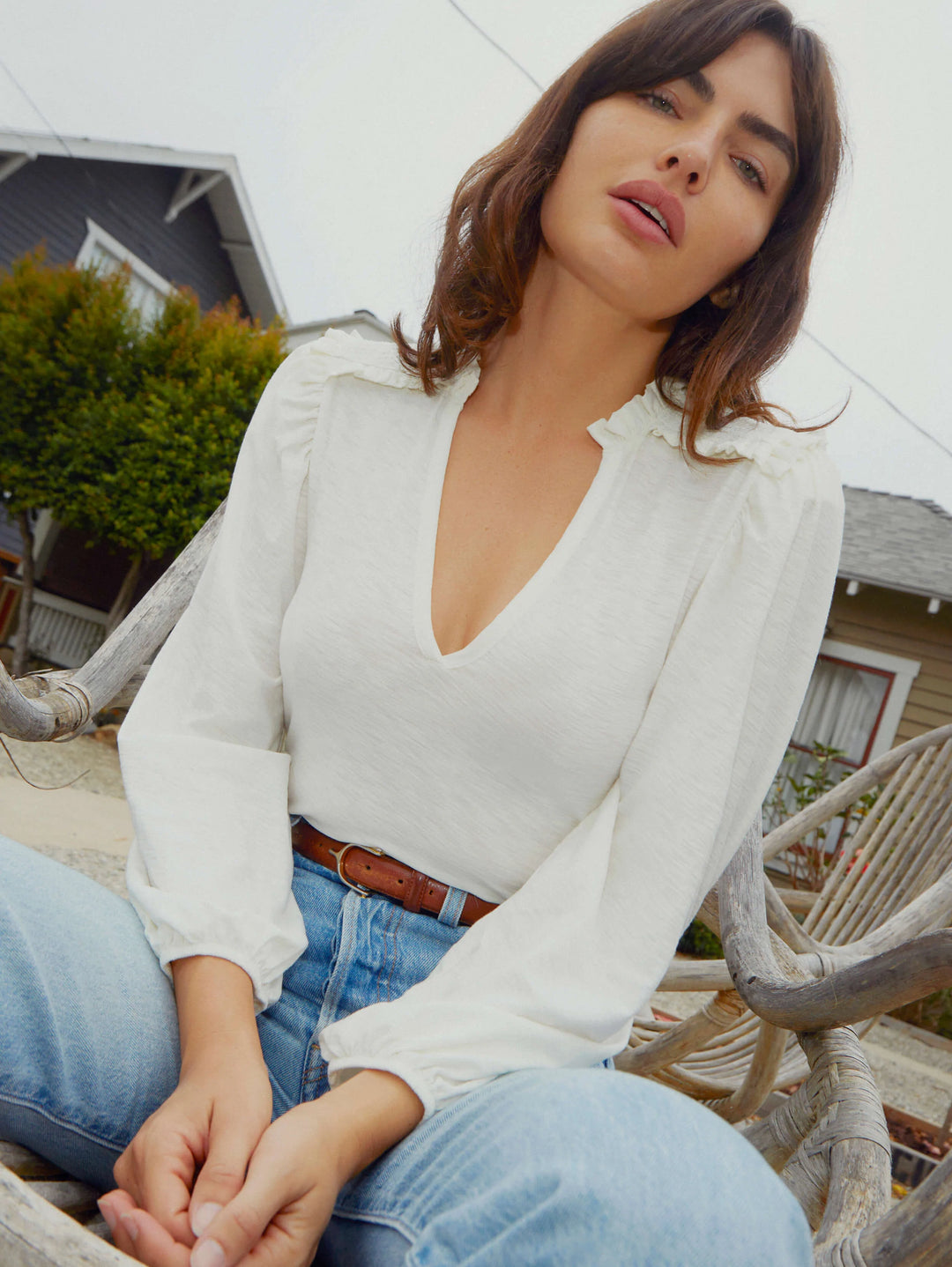 Nation LTD - Dolly Smocked Shoulder Tee in Off White