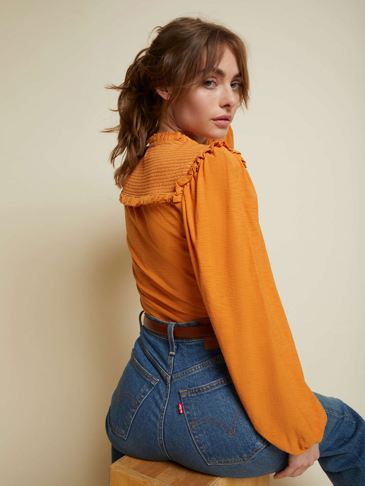 Nation LTD - Dolly Smocked Shoulder Tee in Persimmon