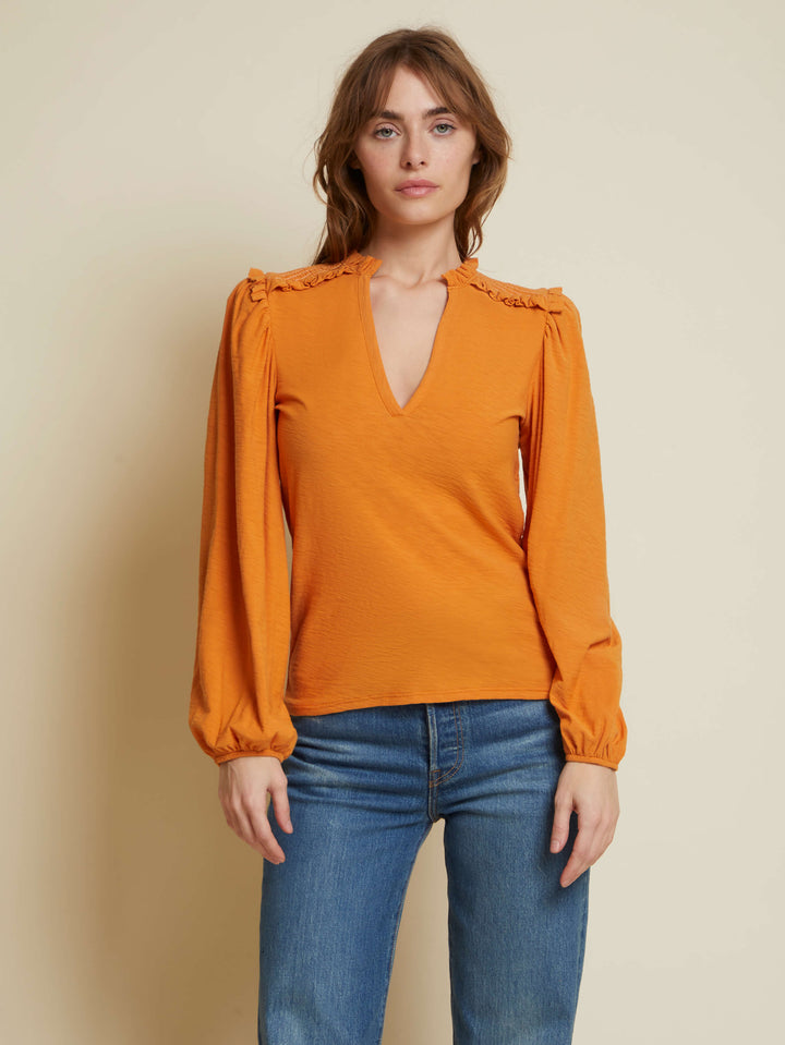 Nation LTD - Dolly Smocked Shoulder Tee in Persimmon