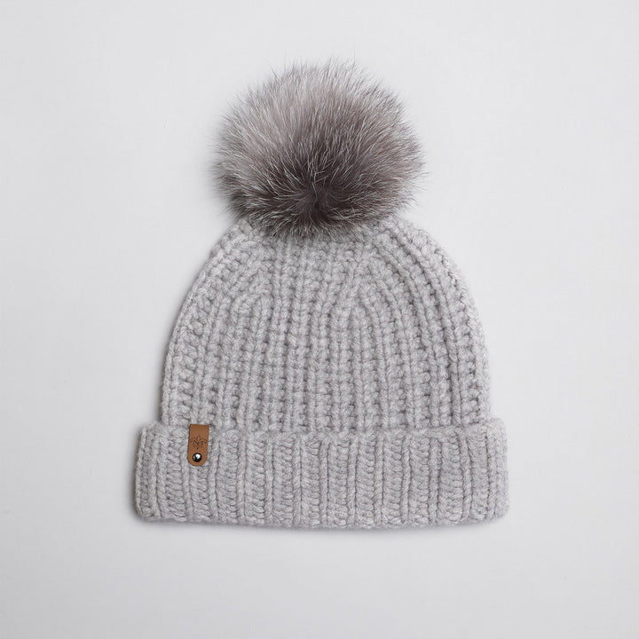 Mackage- Doris Removable Fur Pom Pom Hat Light Grey O/S