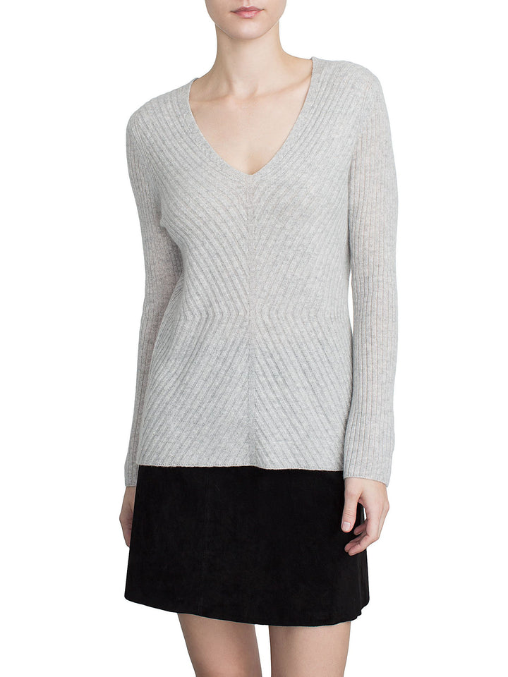 White + Warren Directional Rib Vneck Silver Heather at Blond Genius - 2