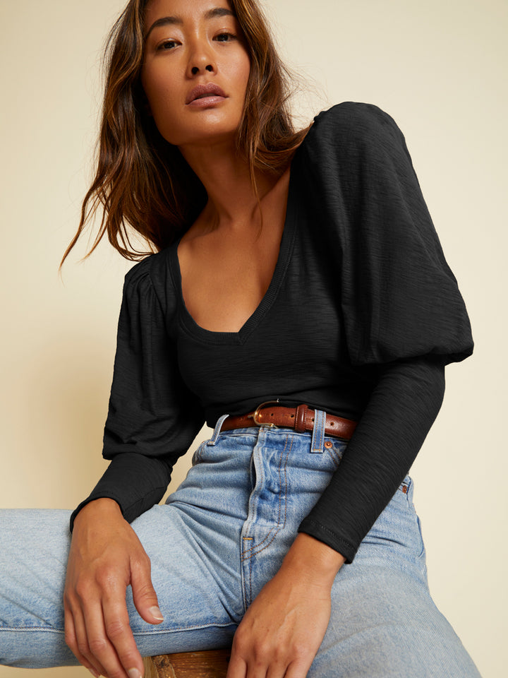 Nation LTD - Emilia Drama Sleeve V-Neck in Jet Black