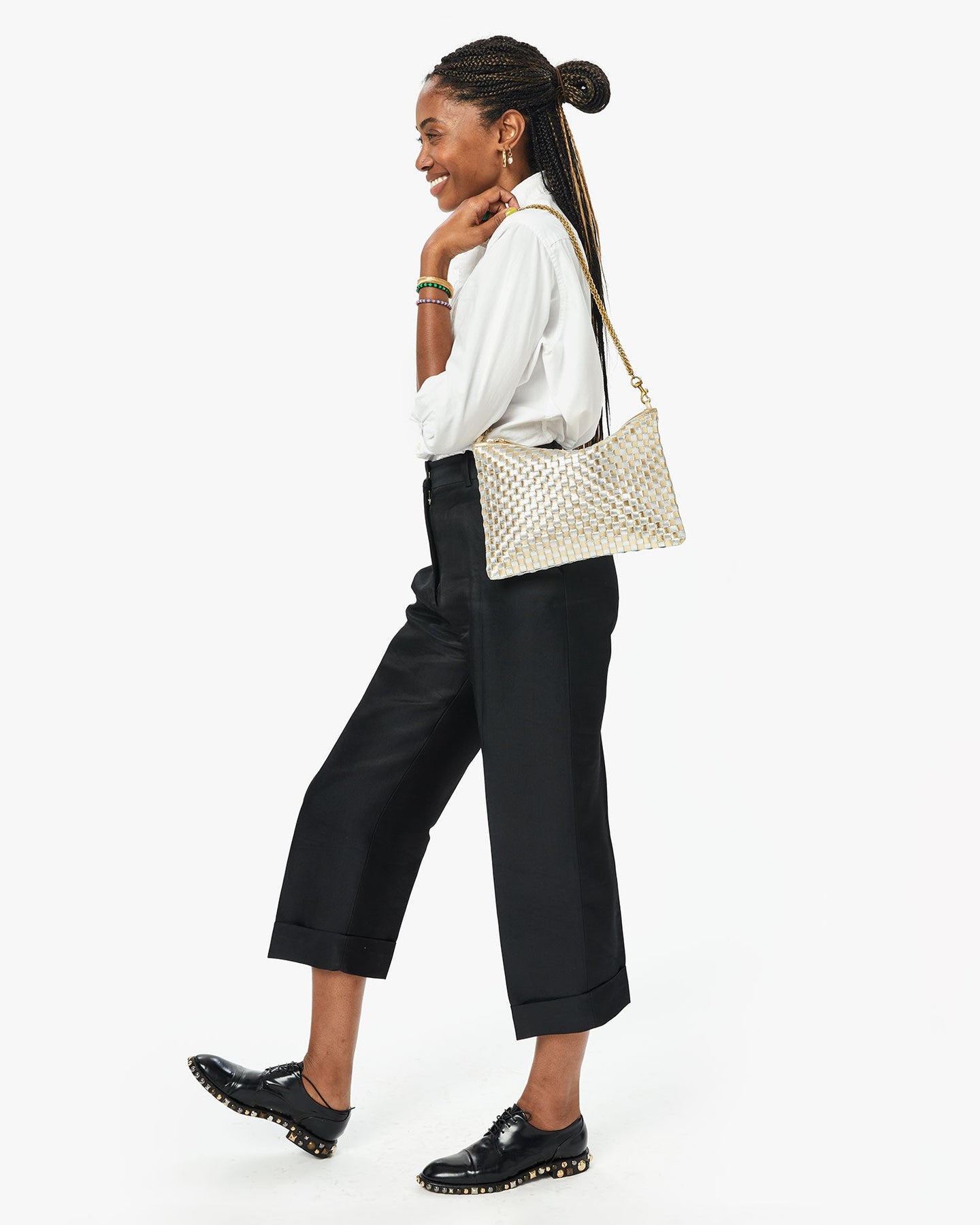Clare V. - Flat Clutch w/ Tabs in Gold & Silver Woven