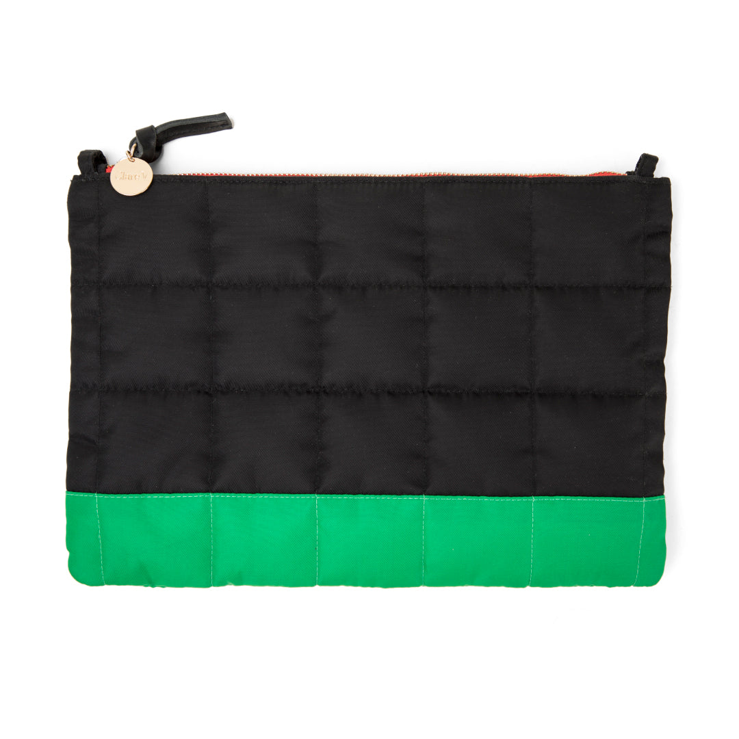 Clare V. - Flat Clutch w/ Tabs in Black & Green Quilted Puffer