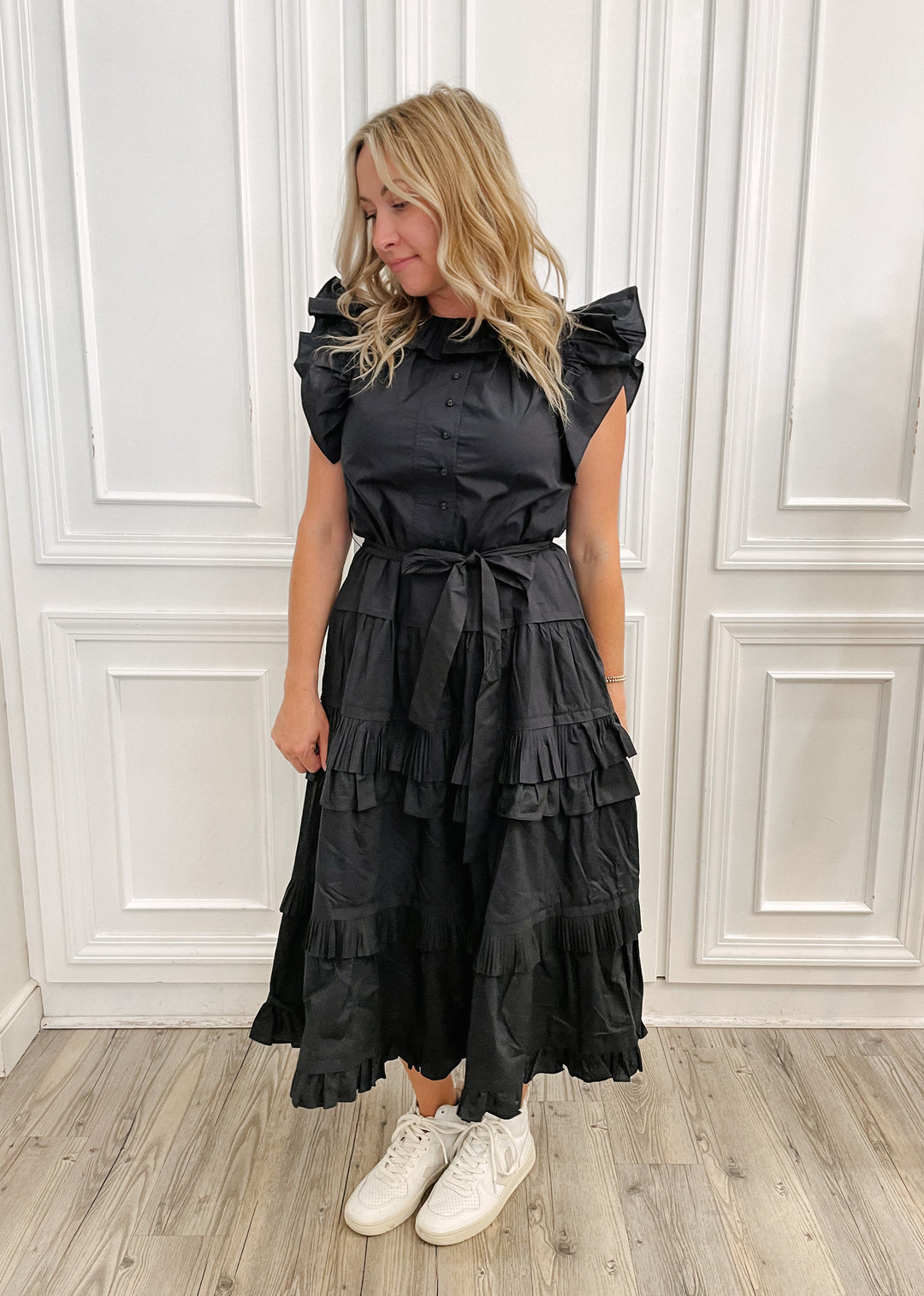 ulla johnson black dress Collage Short Sleeve Midi in Midnight 100% cotton ella dress - noir