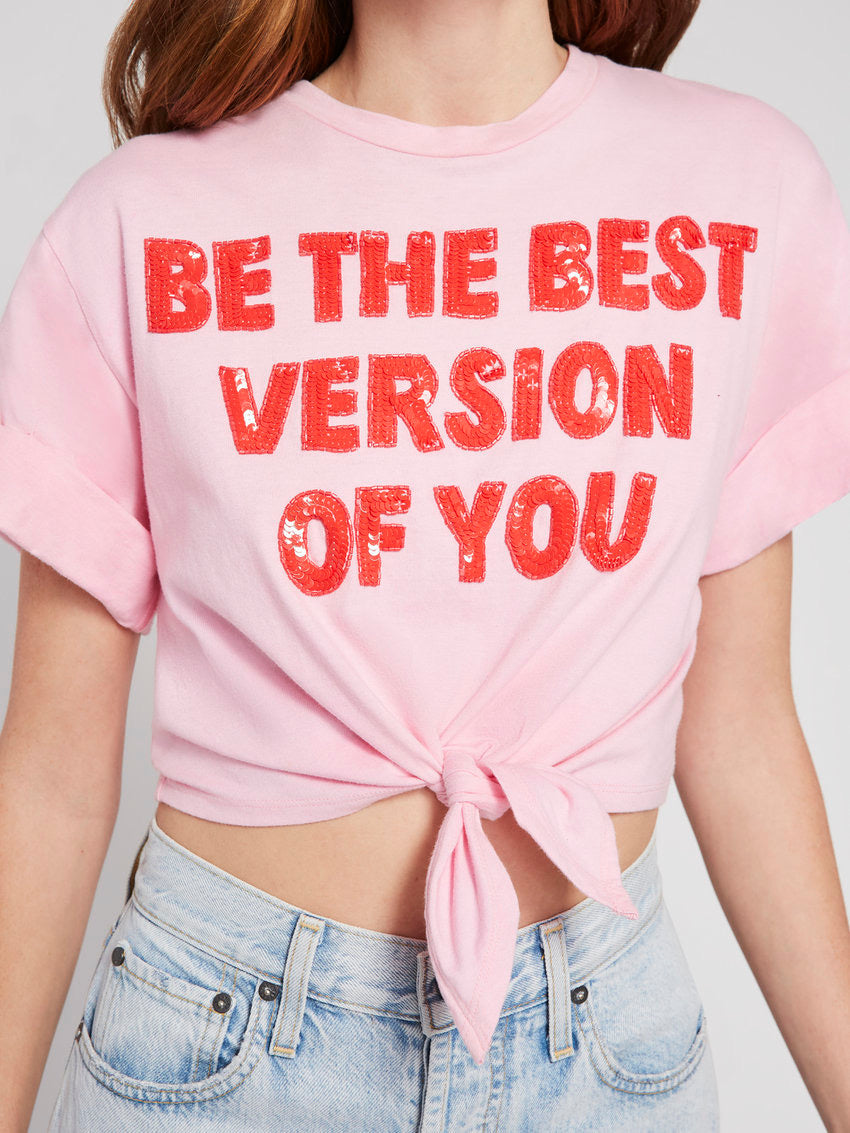 トップス KISSES ON OG LABEL TEE PINK Alice & Olivia - Lera Embellished Tie Front Tee in Electric