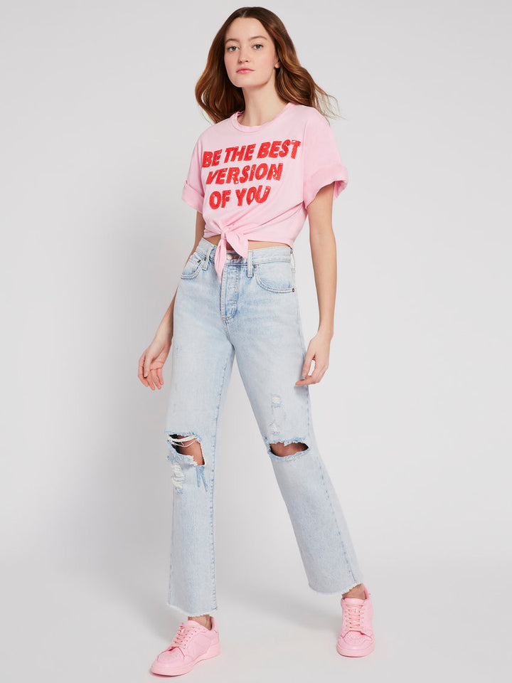 Alice & Olivia - Lera Embellished Tie Front Tee in Electric Pink/Bright Poppy