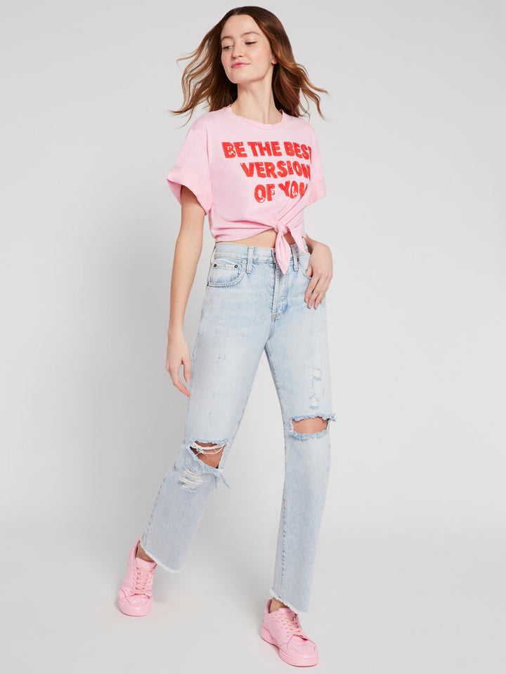 Alice & Olivia - Lera Embellished Tie Front Tee in Electric Pink/Bright Poppy