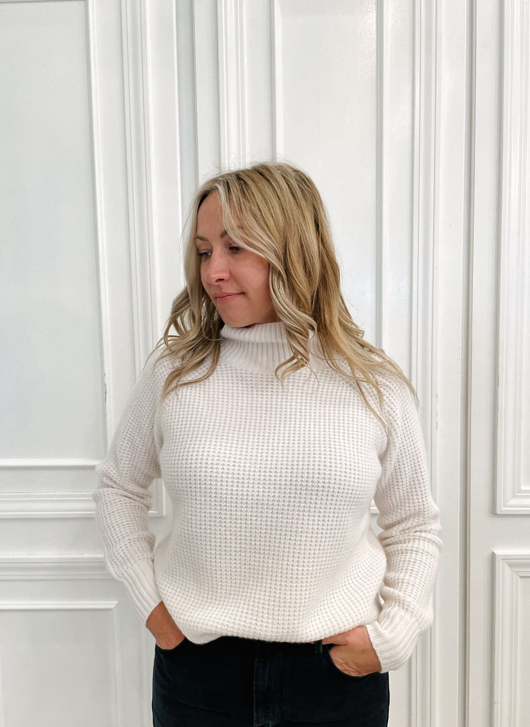 White Warren Cashmere Waffle Standneck in Soft White