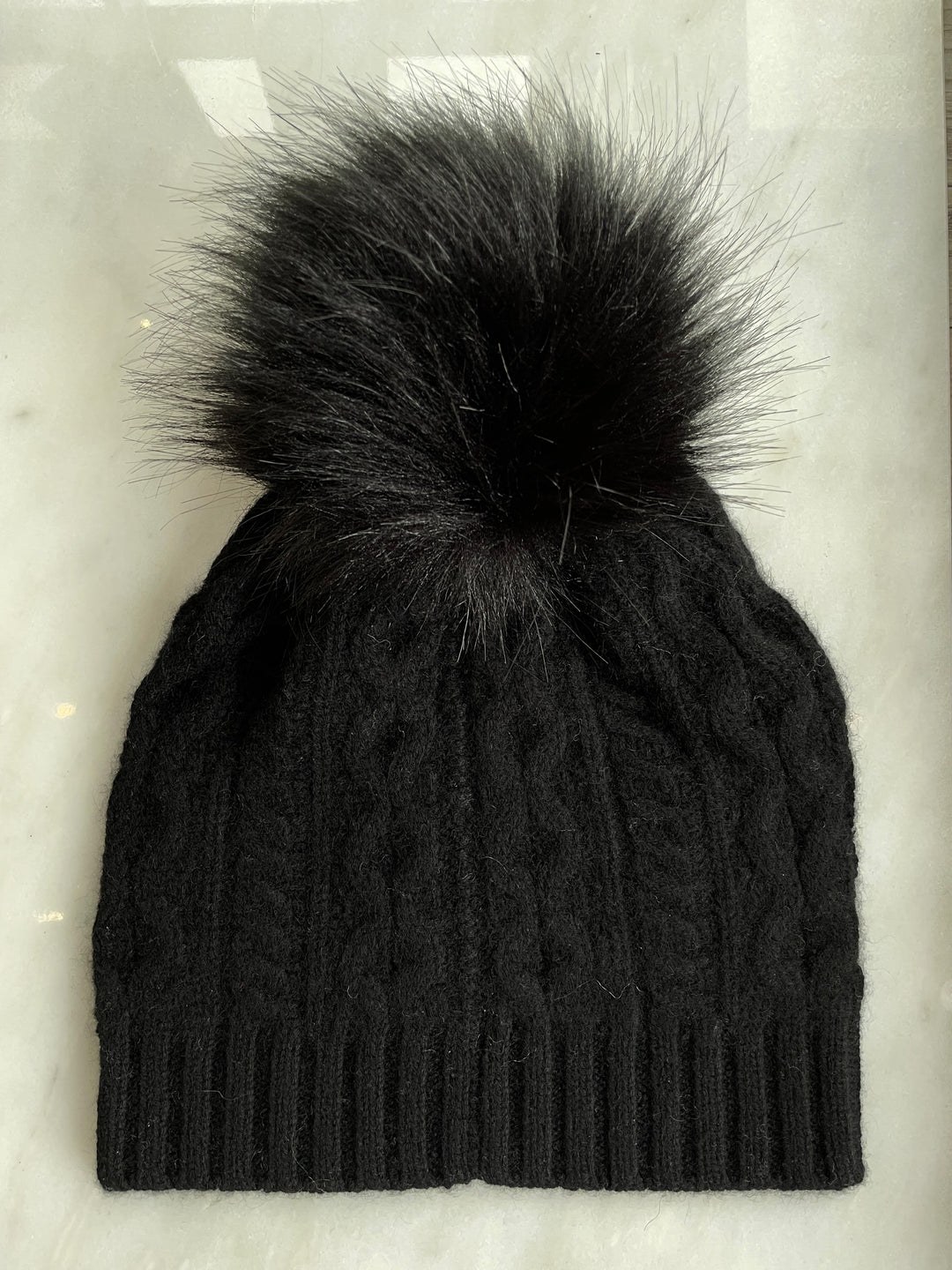White + Warren - Cable Hat with Faux Pom in Black/Black