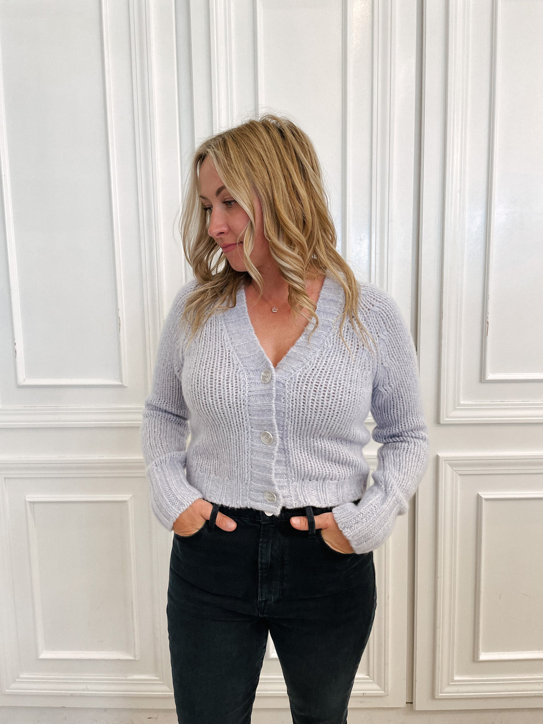 White + Warren - Lofty Cashmere Silk V Neck Cardigan in Light Blue Marl