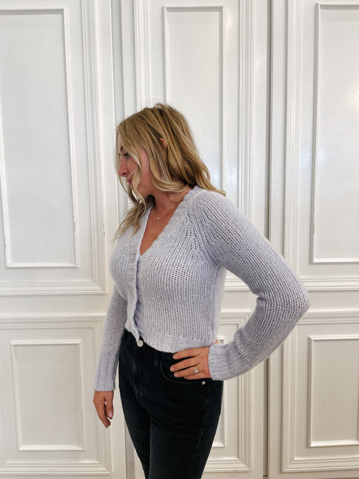 White + Warren - Lofty Cashmere Silk V Neck Cardigan in Light Blue Marl