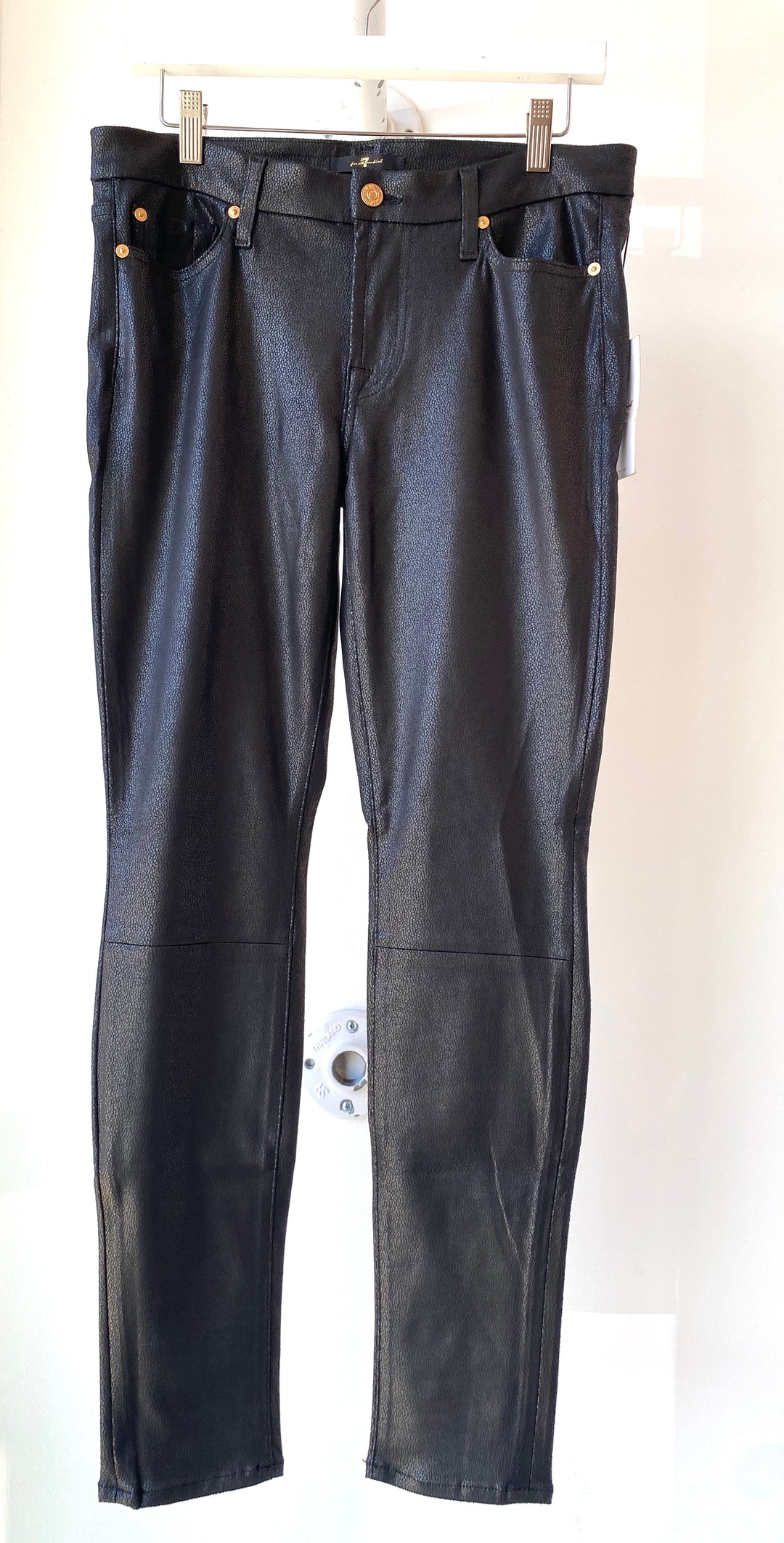 7 for all Mankind- Knee Seam Skinny in Black Coated Leather