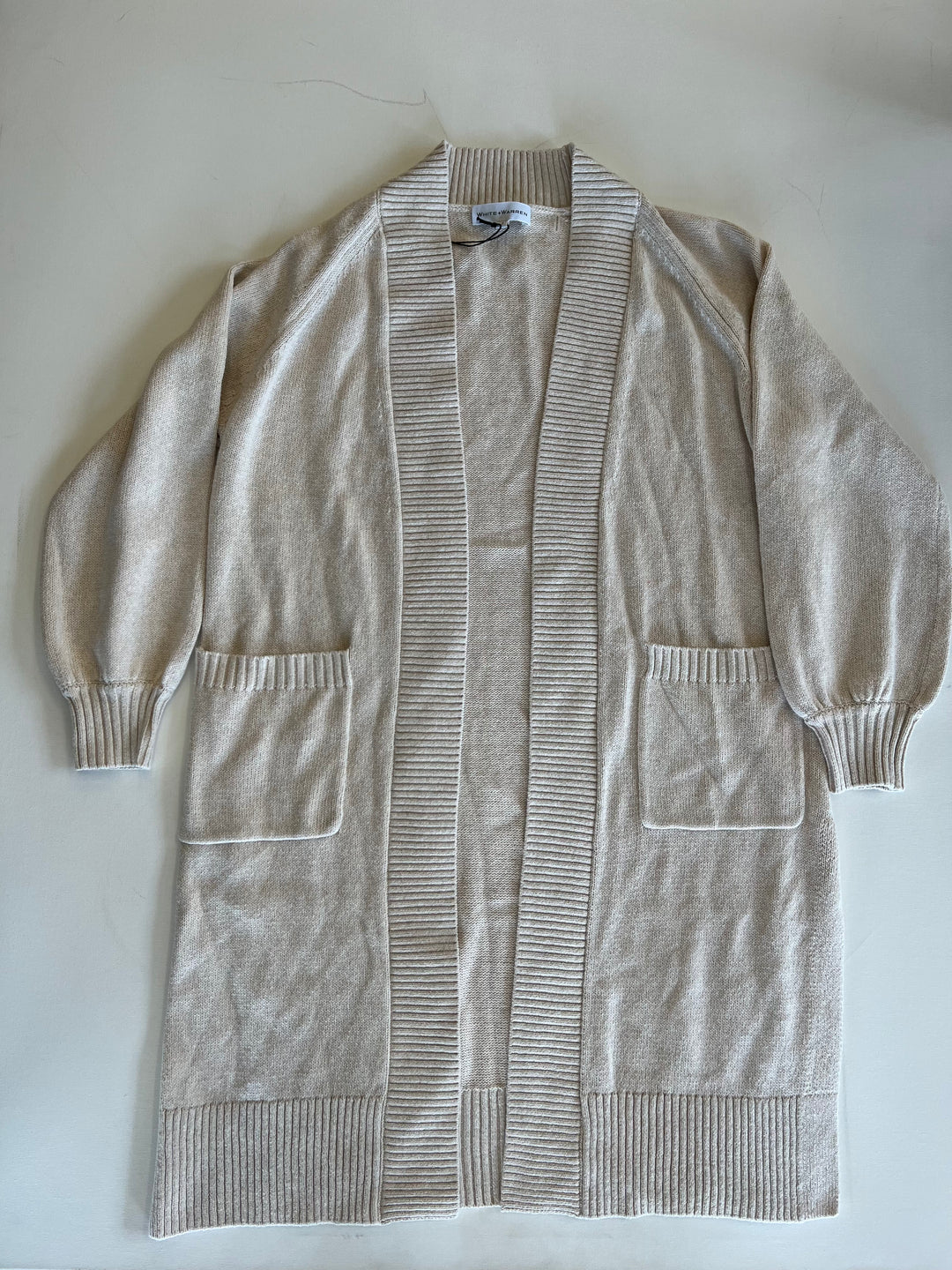 White + Warren - Cotton Linen Chainette Rib Trim Cardigan in Sand Dollar Cardigans