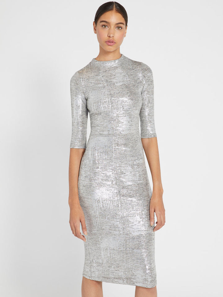 Alice + Olivia - Delora Fitted Mock Neck Dress in Silver