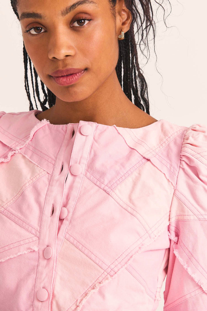 Love Shack Fancy - Eleora Crop Jacket in Pastel Pink Colorblock