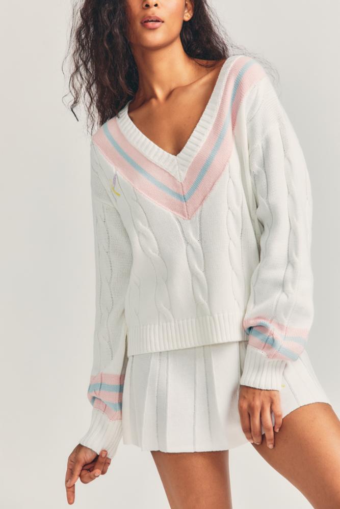 Love Shack Fancy - Malaine V-Neck Pullover in Tennis Whites