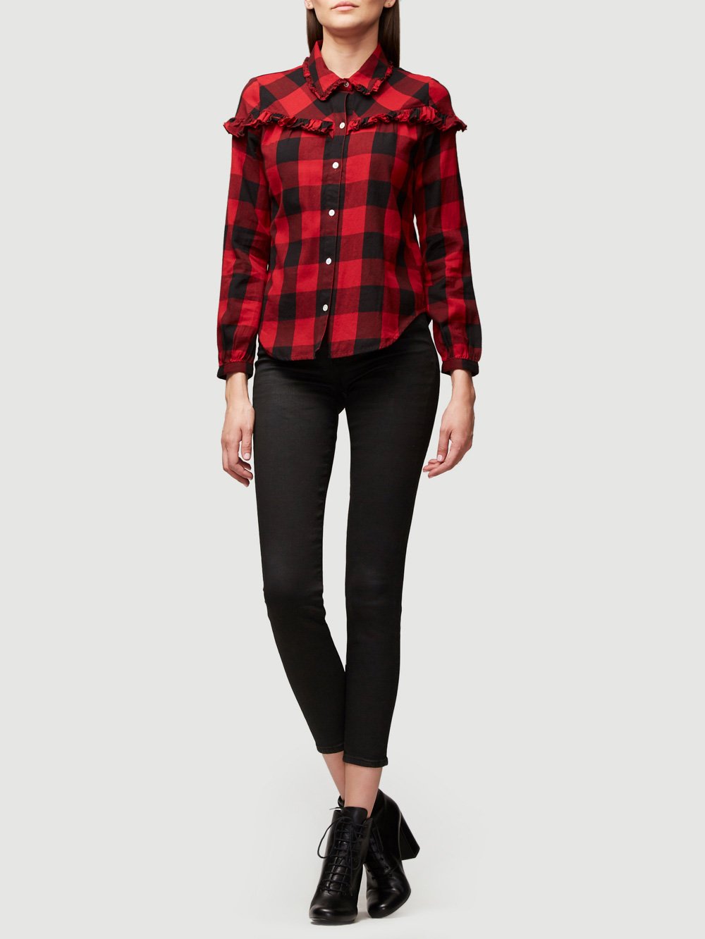FRAME - Ruffle Check Button Up Hunter Red