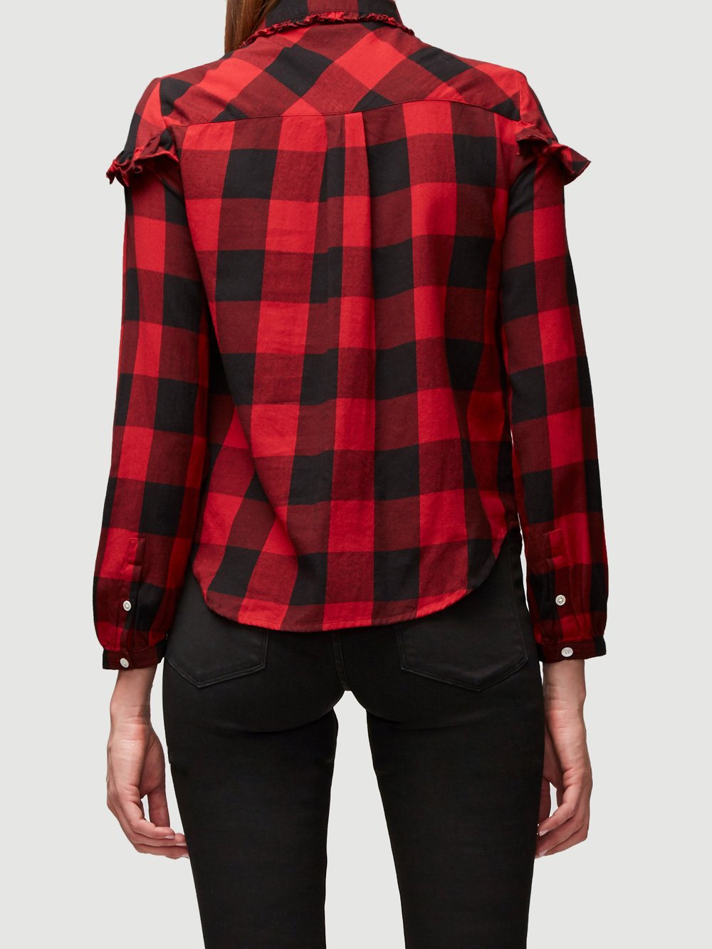 FRAME - Ruffle Check Button Up Hunter Red