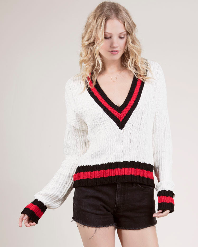 27 Miles - Lyss Open Knit Tennis Sweater in White Combo