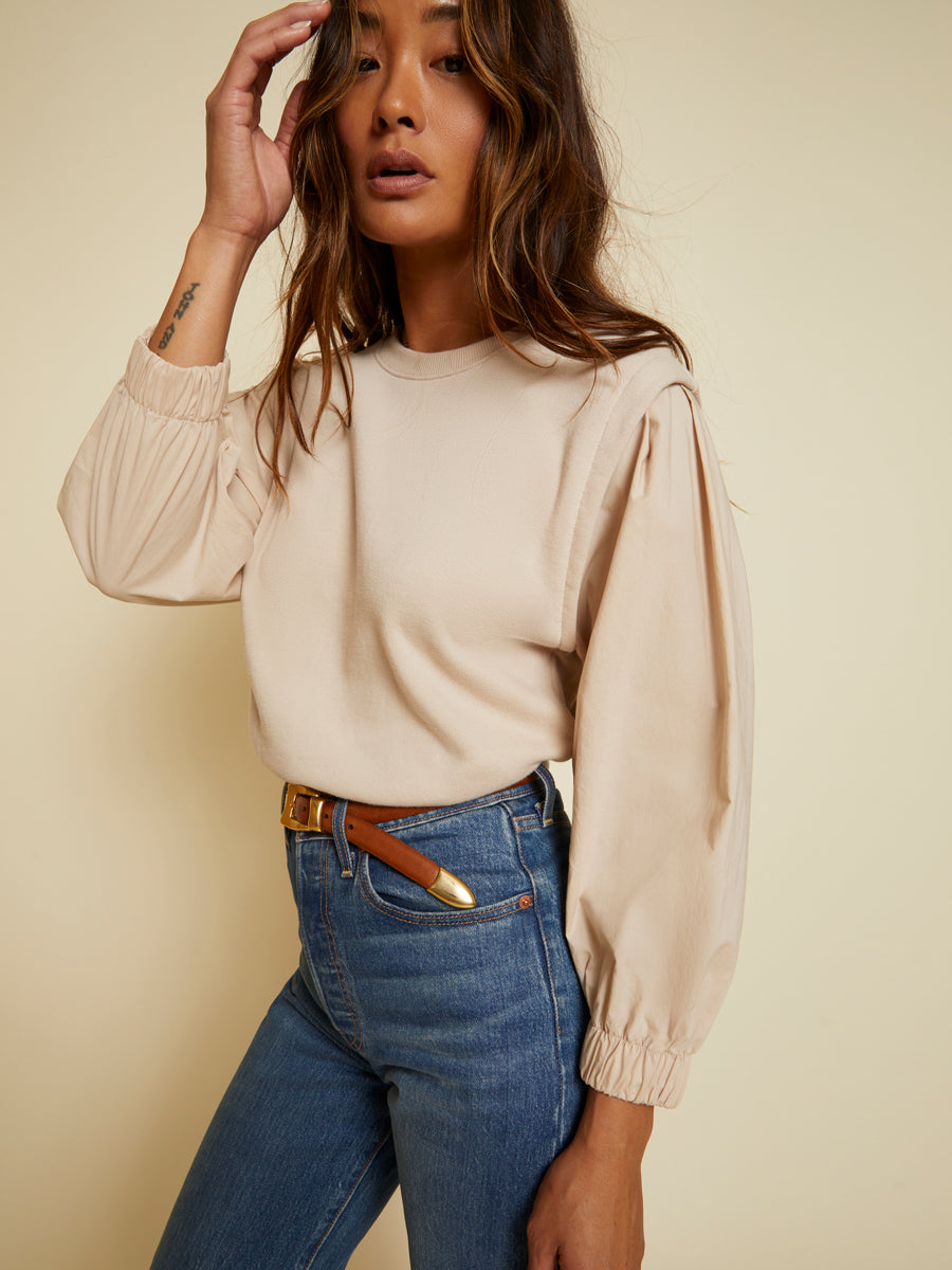 Nation LTD - Matty Sweatshirt with Poplin Sleeve in Almond Milk