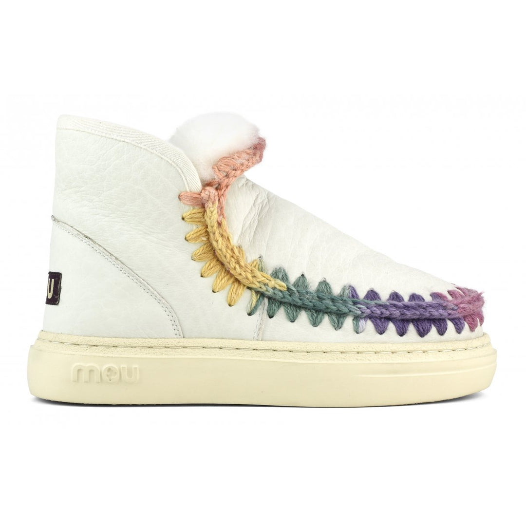 MOU Eskimo Sneaker with Bold Rainbow Stitching in Nubuck True White
