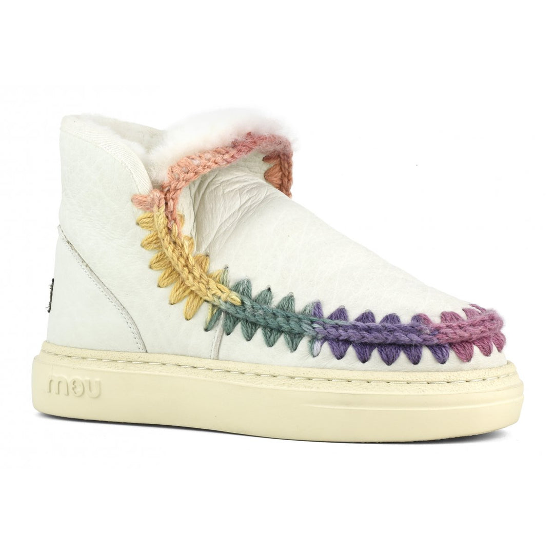 MOU - Eskimo Sneaker with Bold Rainbow Stitching in Nubuck True White