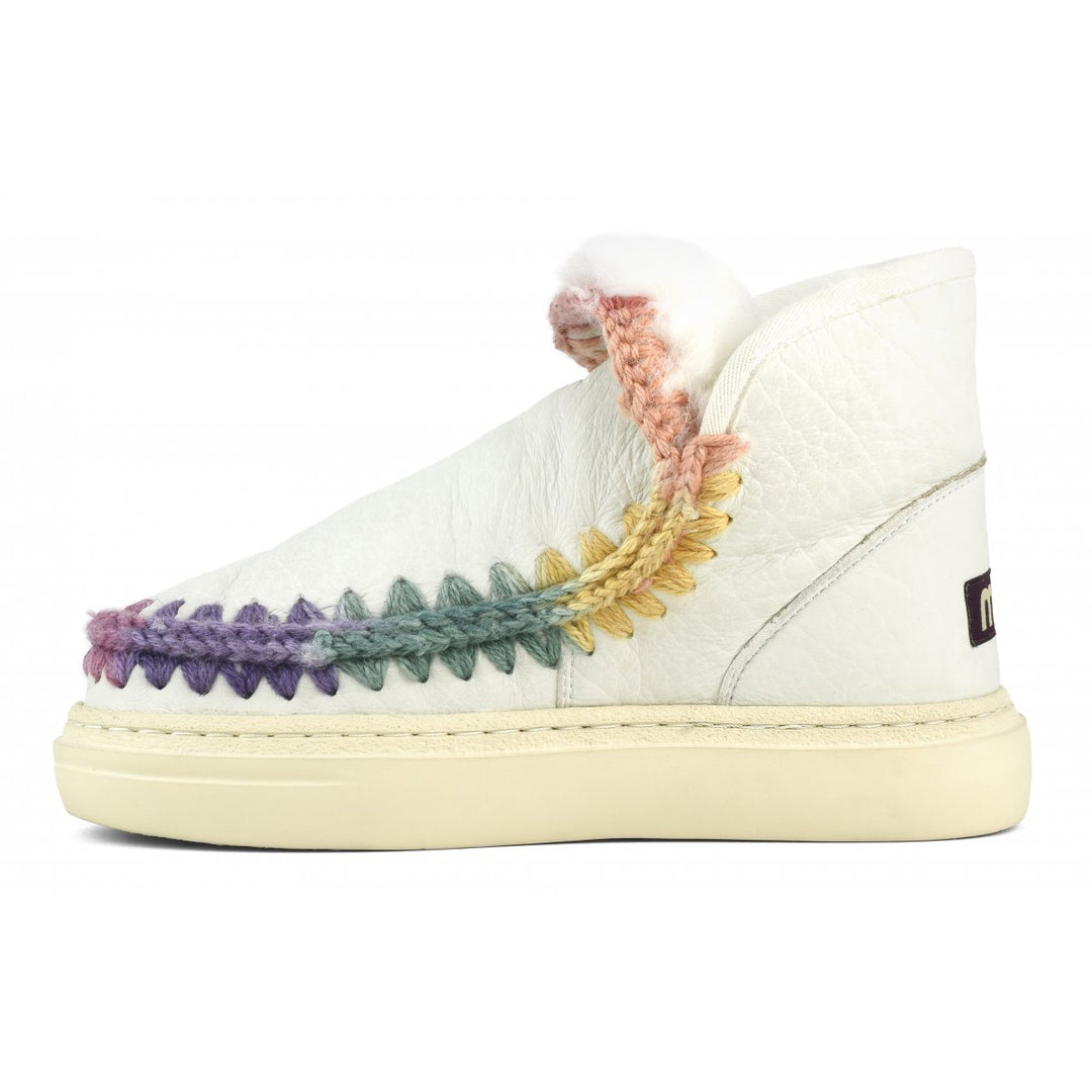MOU - Eskimo Sneaker with Bold Rainbow Stitching in Nubuck True White