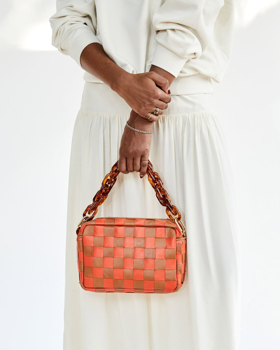 Clare V. - Marisol in Natural and Blood Orange Oversized Woven Checker