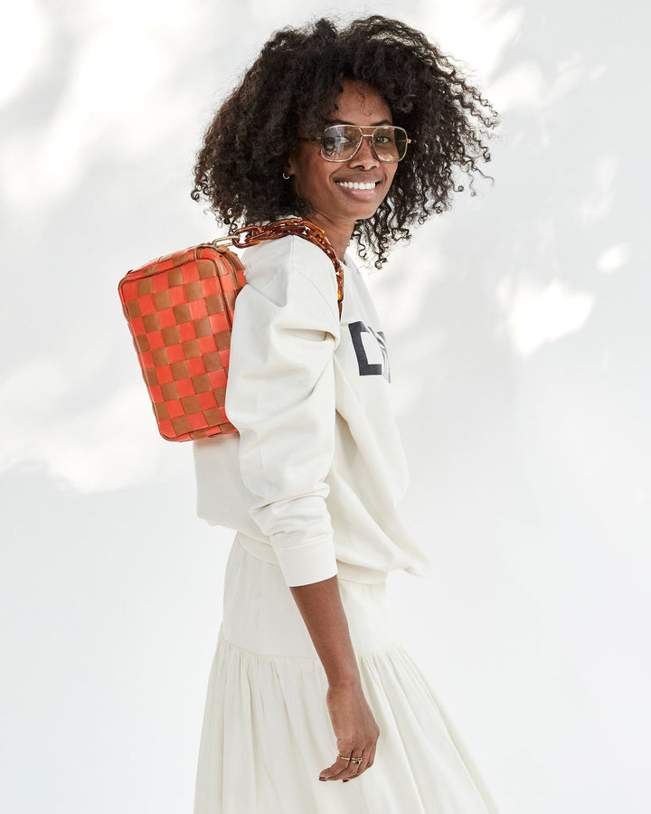 Clare V. - Marisol in Natural and Blood Orange Oversized Woven Checker