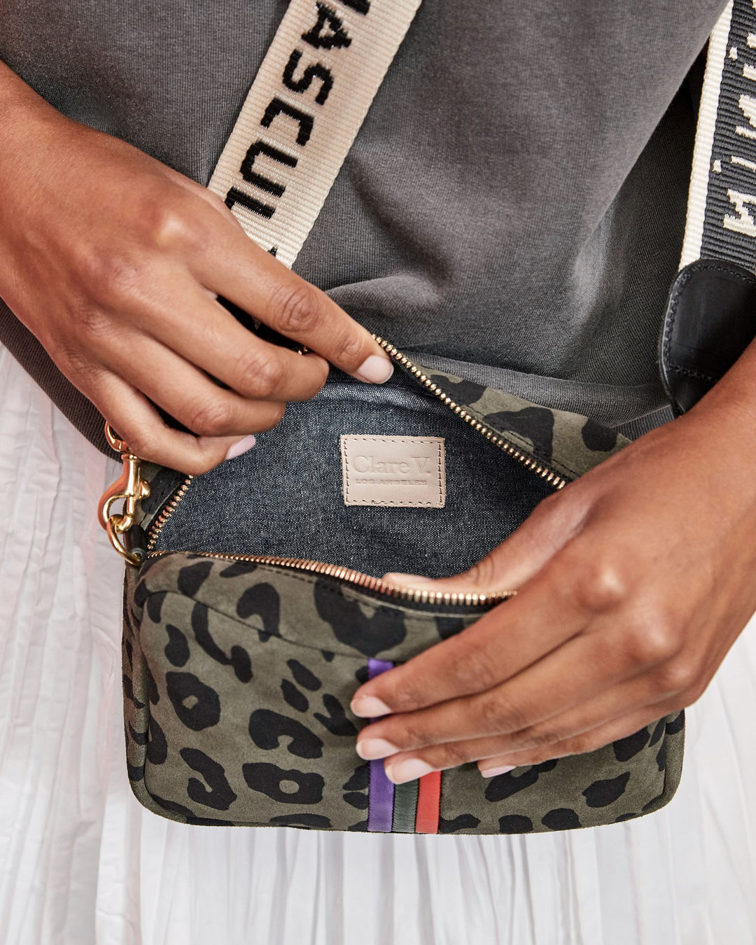 Clare V. - Midi Sac in Army Pablo Cat Suede w/ Iris, Evergreen & Lipstick Italian Nappa Mini Stripes