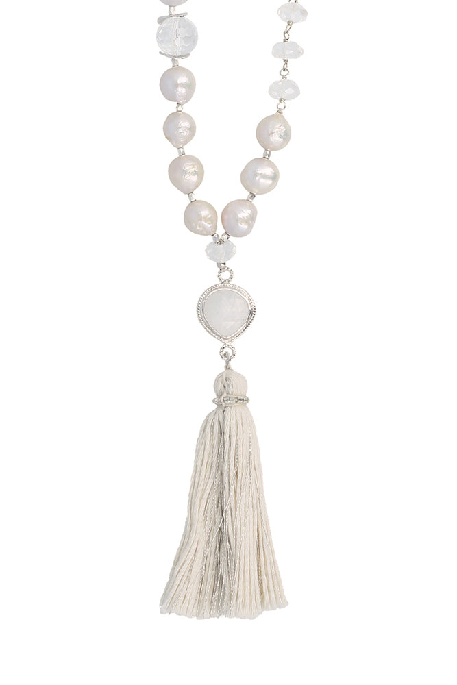 Chan Luu - White Pearl Mix Tassel Necklace