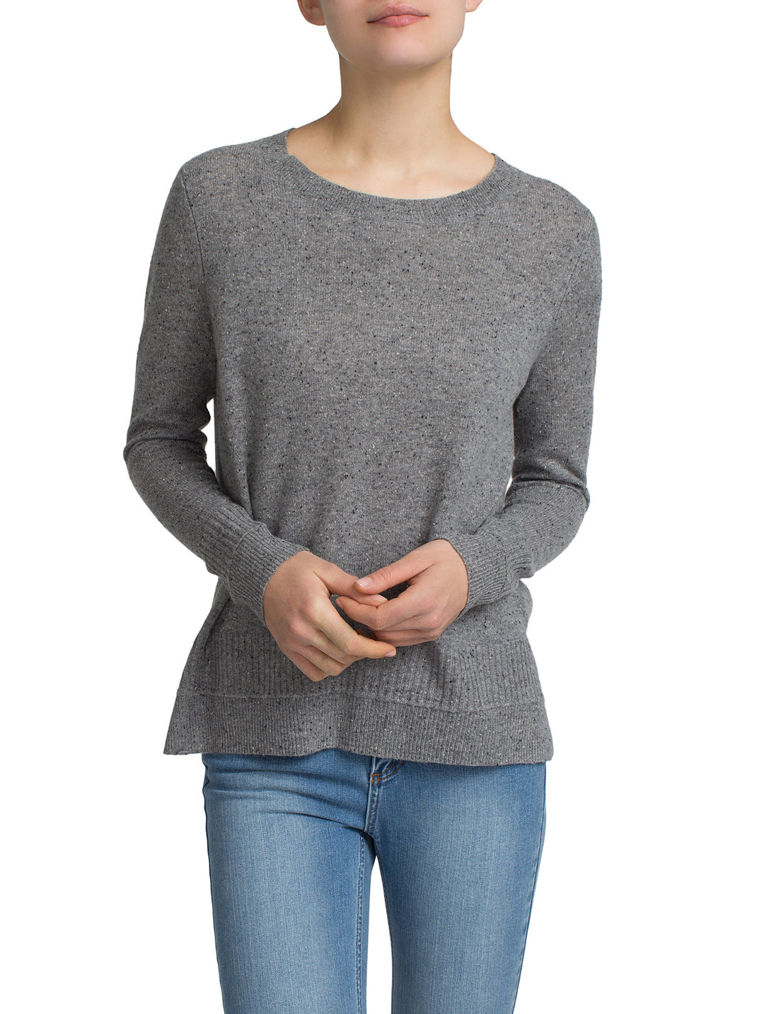 White + Warren Ottoman Rib Trim Crewneck Graphite Tweed at Blond Genius