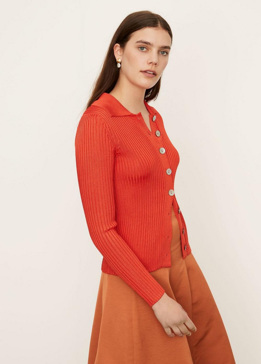 Vince - Ribbed Collared Cardigan in Burnt Orchid